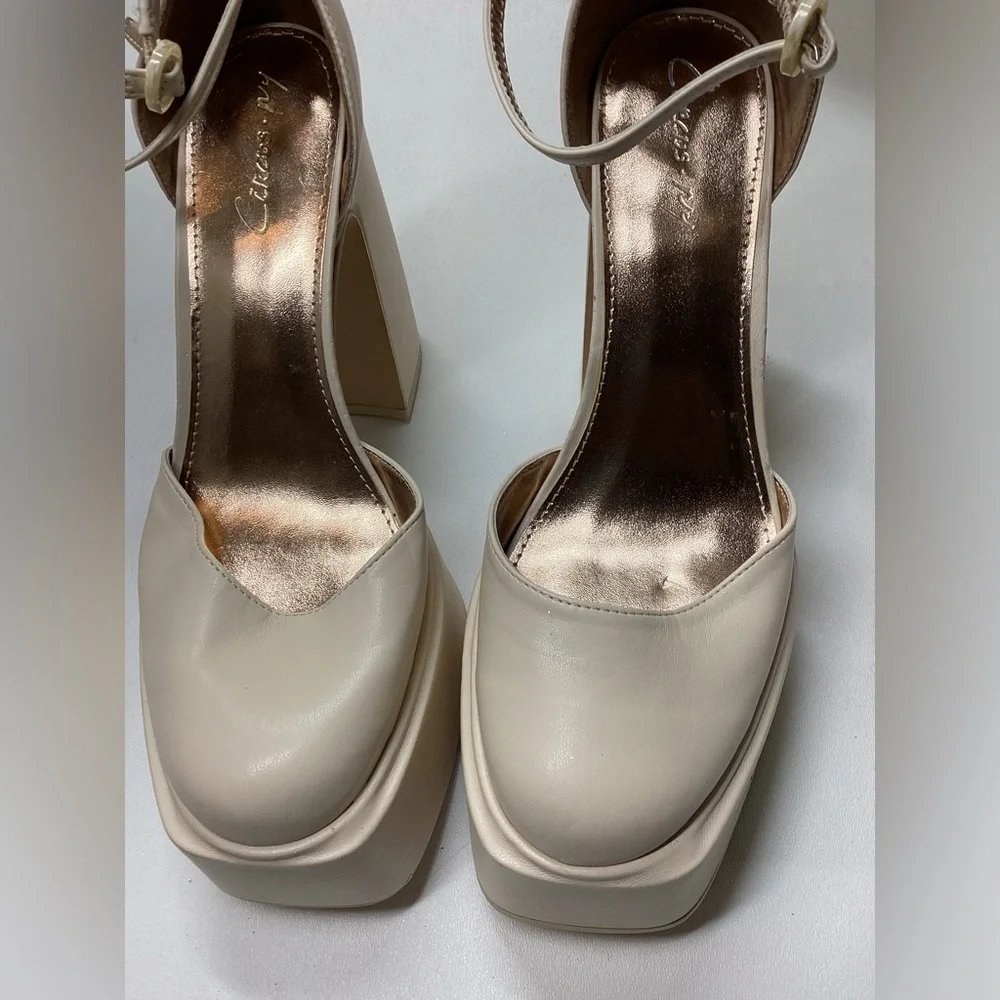 Sam Edelman Women’s Cream Platform Block Heel Ankle-Strap Pumps